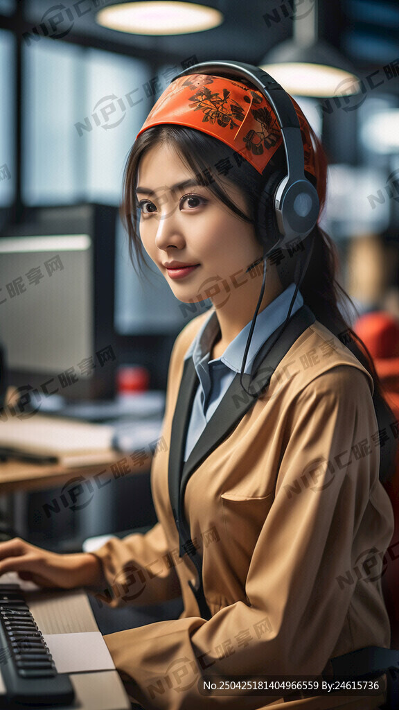 头戴耳麦的防尘服美女客服