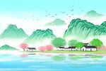 国风古建筑 山水人家场景插画