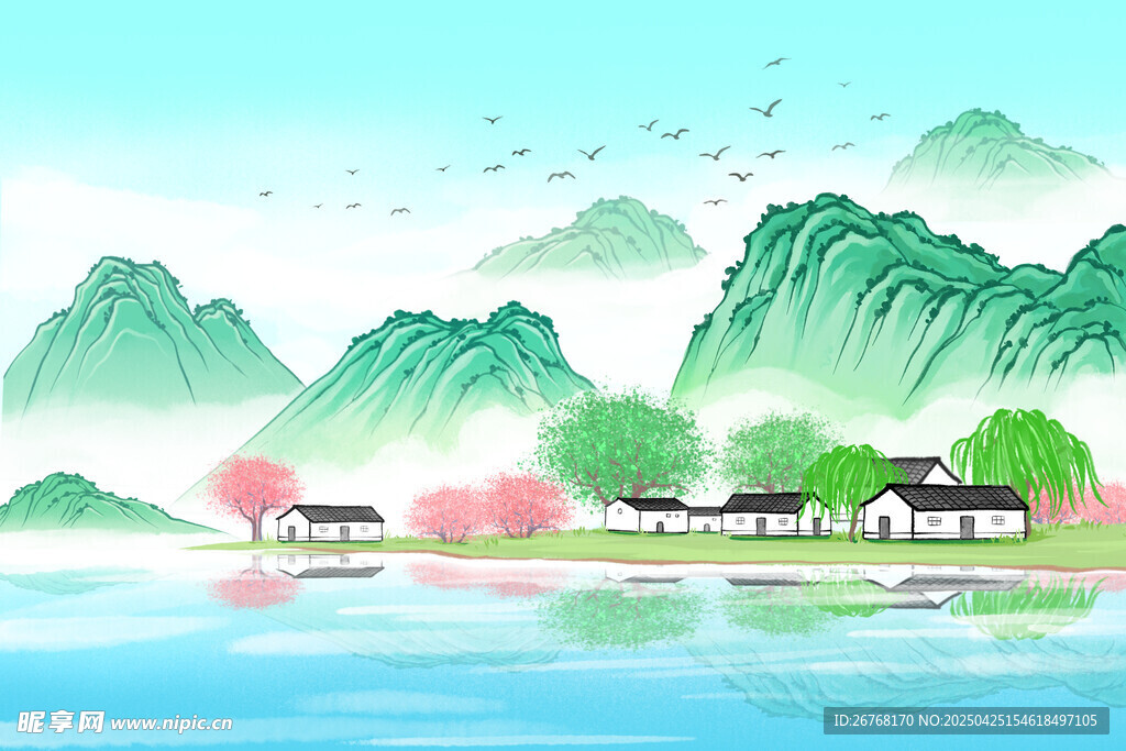 国风古建筑 山水人家场景插画