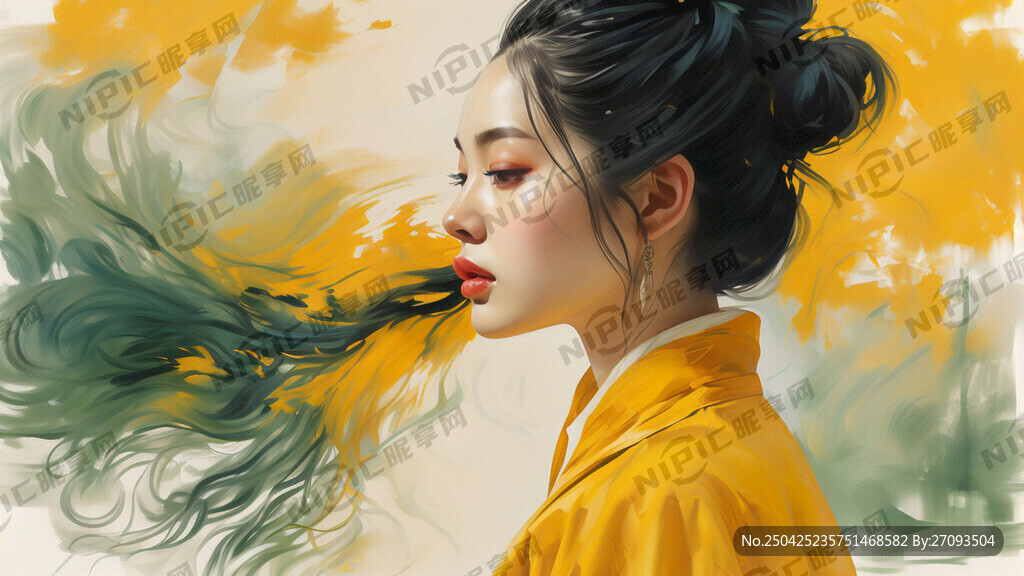 美女侧脸手绘黄色和绿色渐变