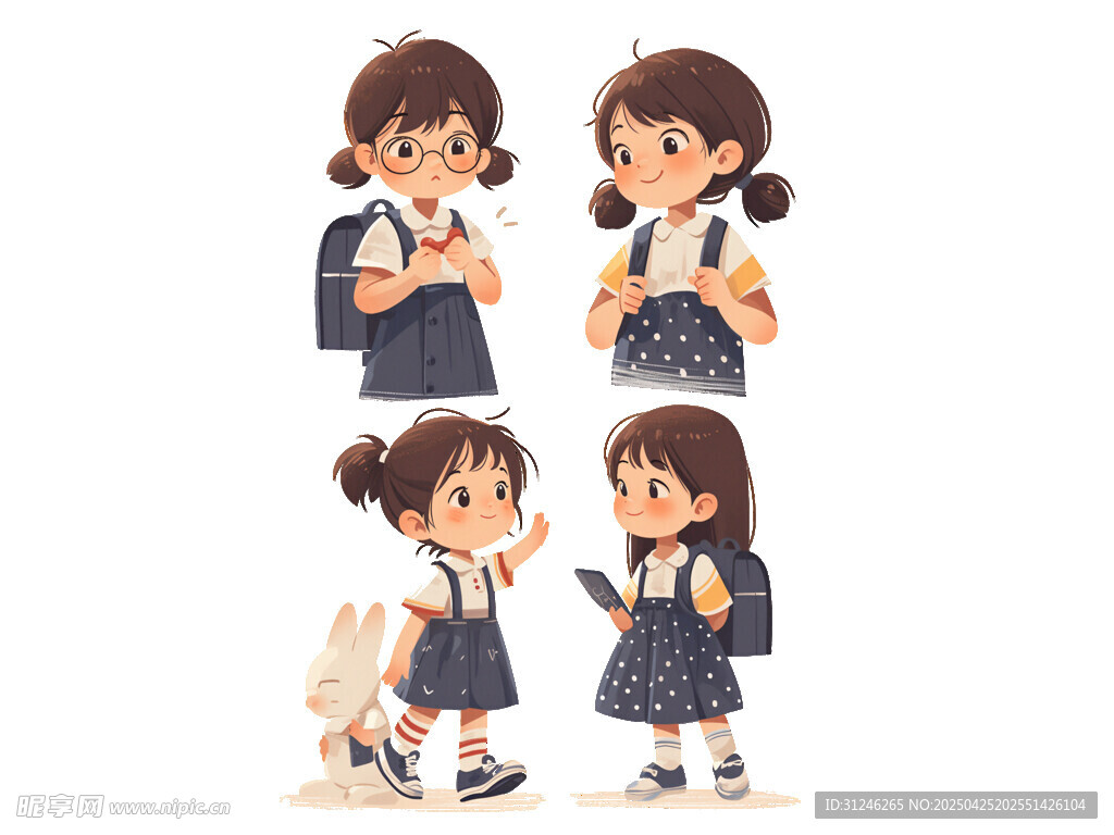 可爱女孩上学系列插画