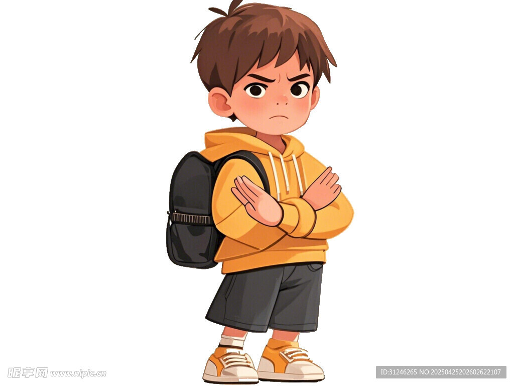 背着书包的生气小男孩