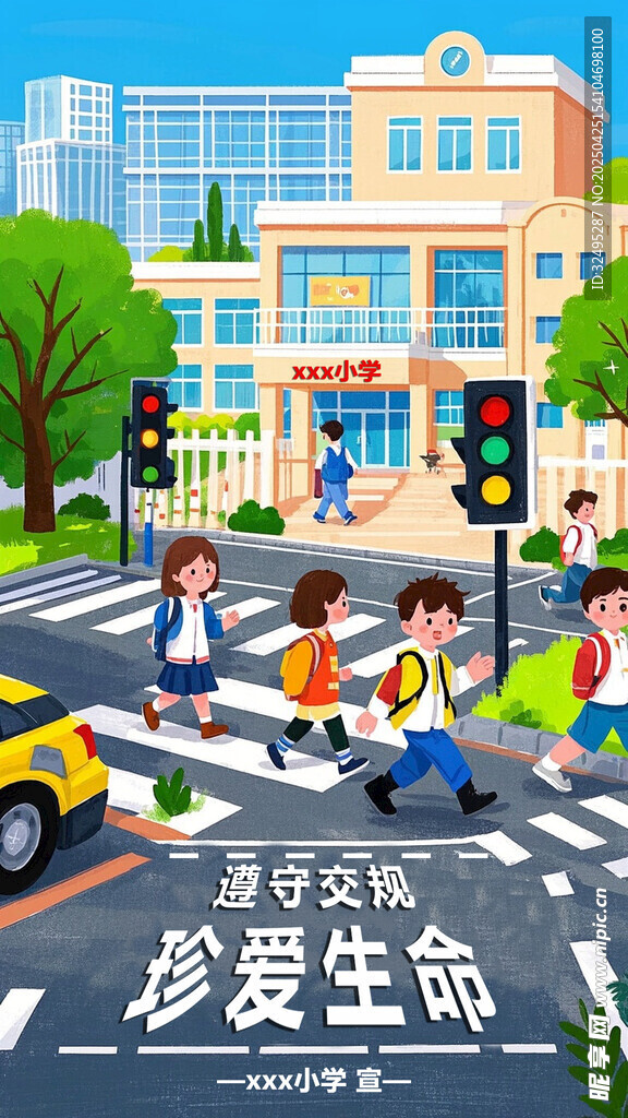 校园外学生过马路场景