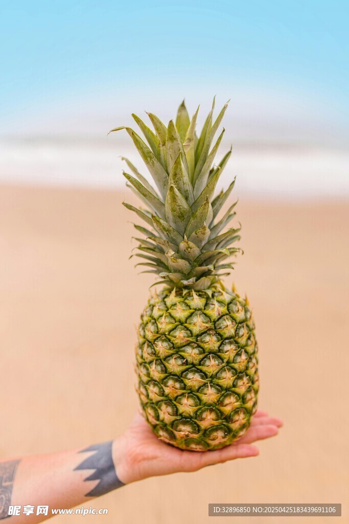 海边手持菠萝的独特画面