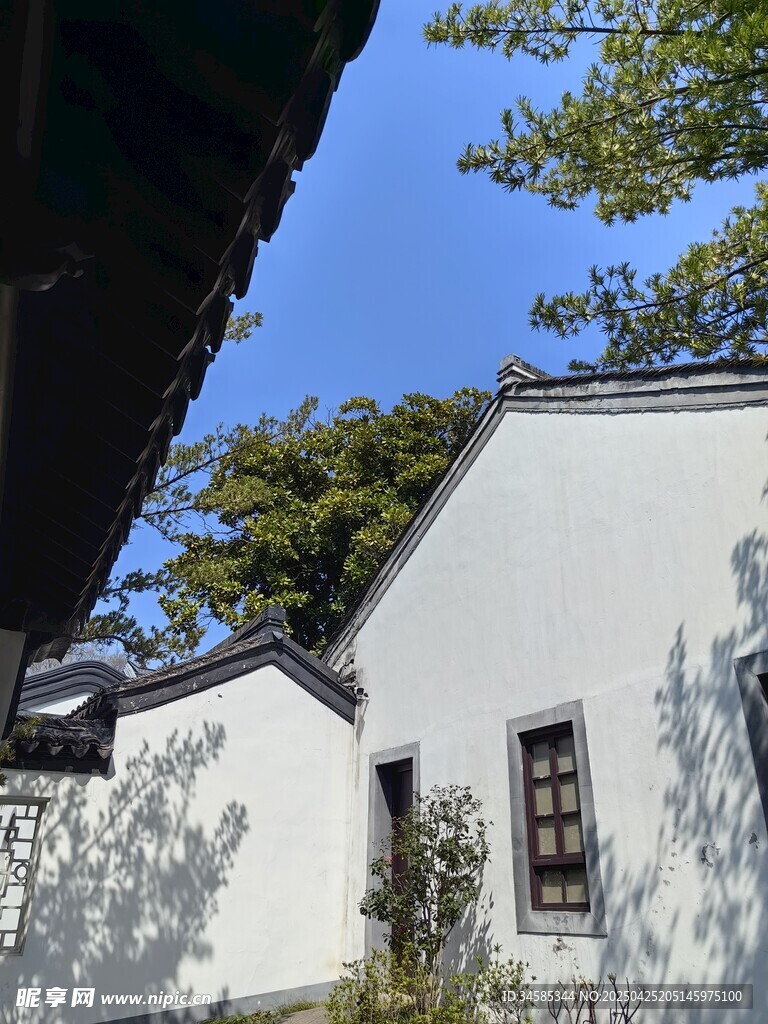白墙黛瓦的中式庭院一角