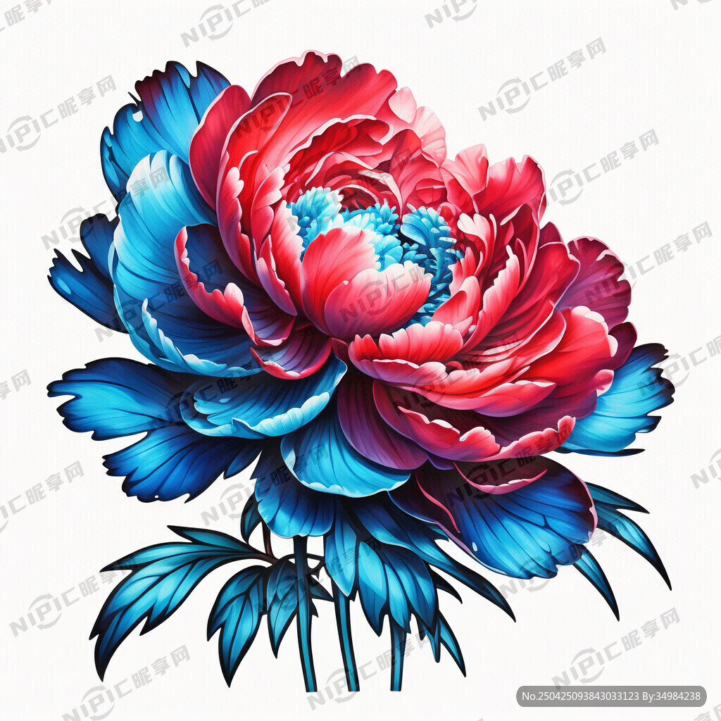 红蓝色喷绘牡丹花