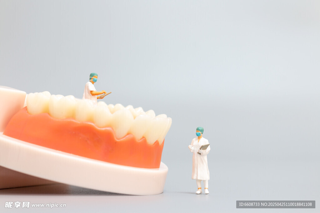 牙科模型旁的微型医护人员