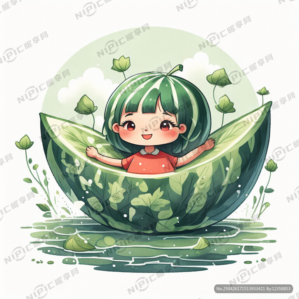 手绘立夏至海报卡通女孩西瓜荷叶