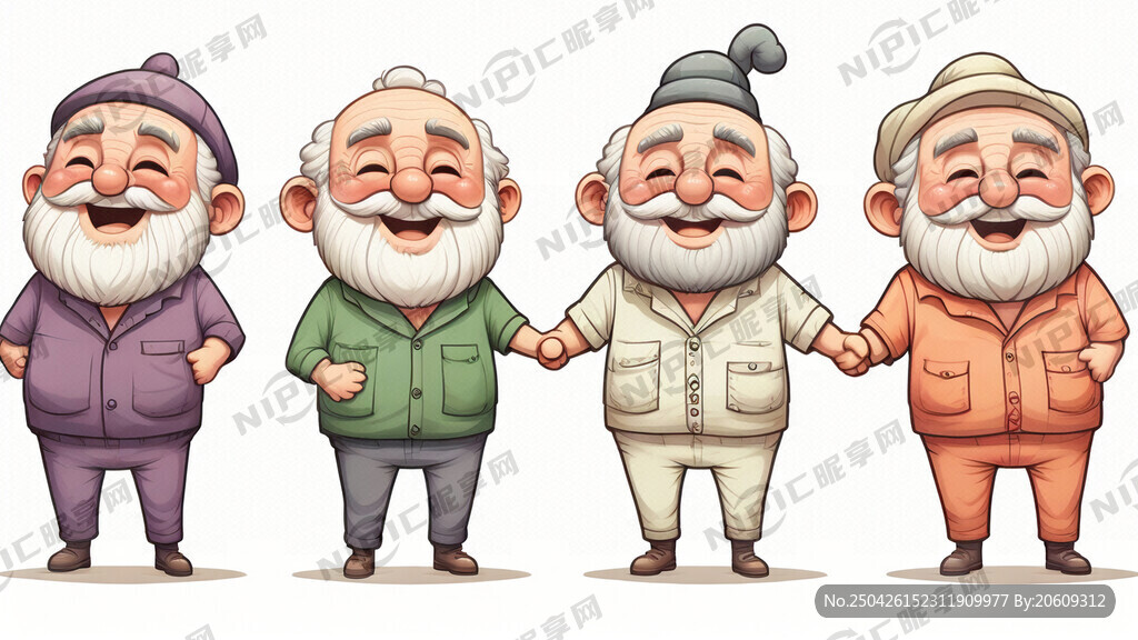 5个可爱的卡通老人手拉手微笑