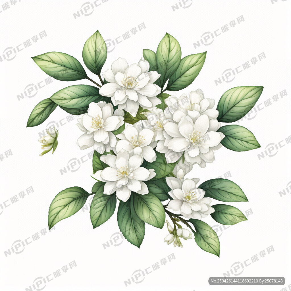 高清手绘白色茉莉花 特写 国风