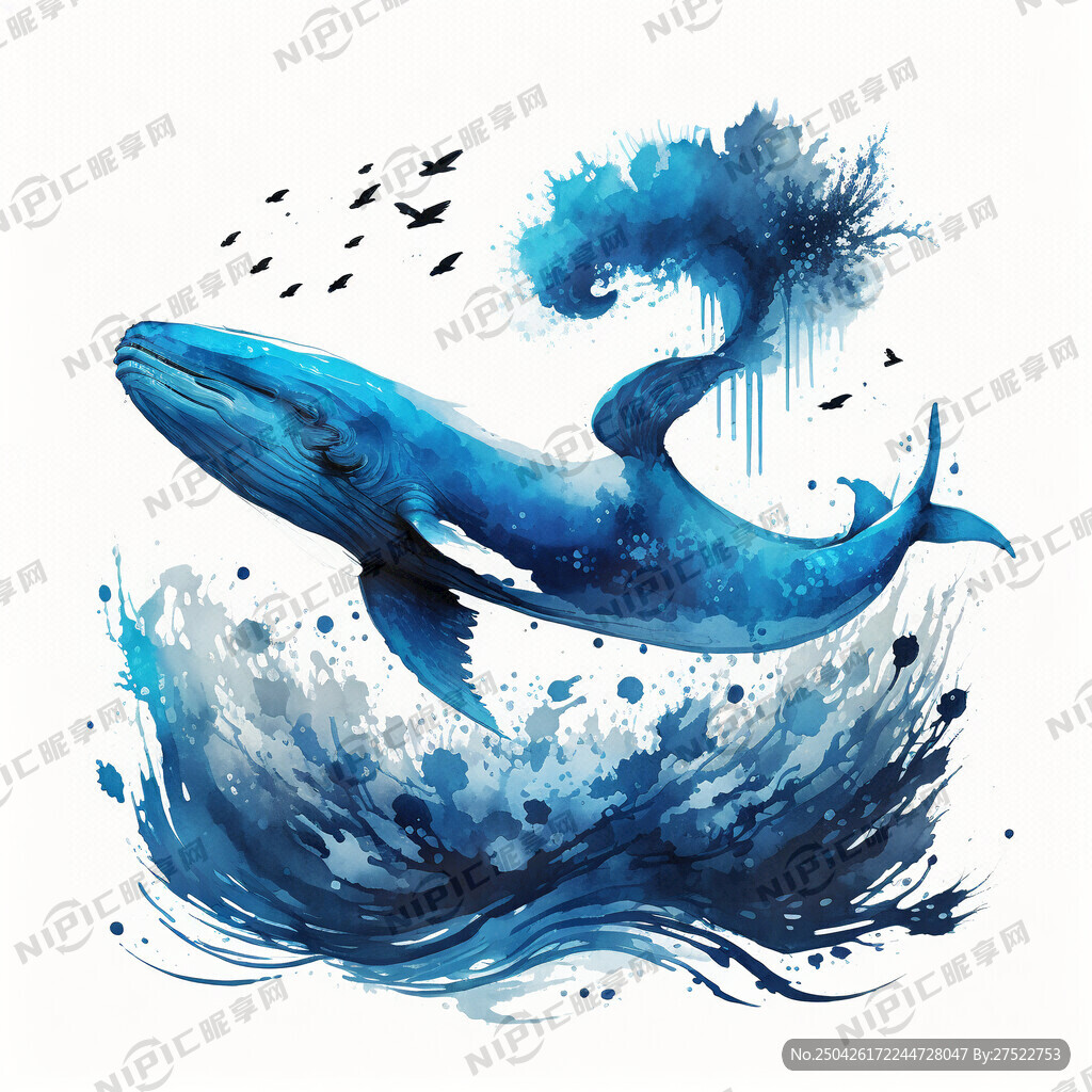 蓝色抹香鲸 花海 水墨