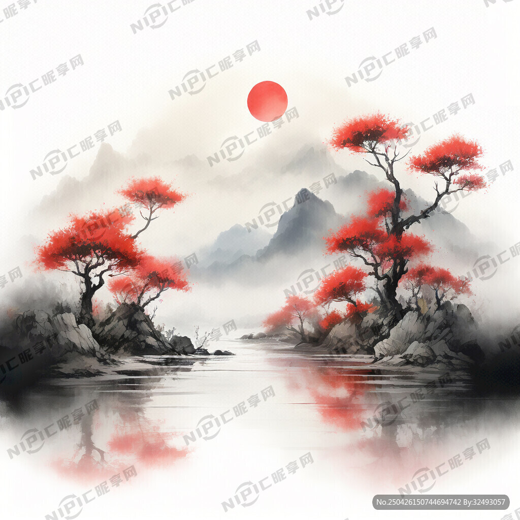 国风杨梅底图有山有云有草