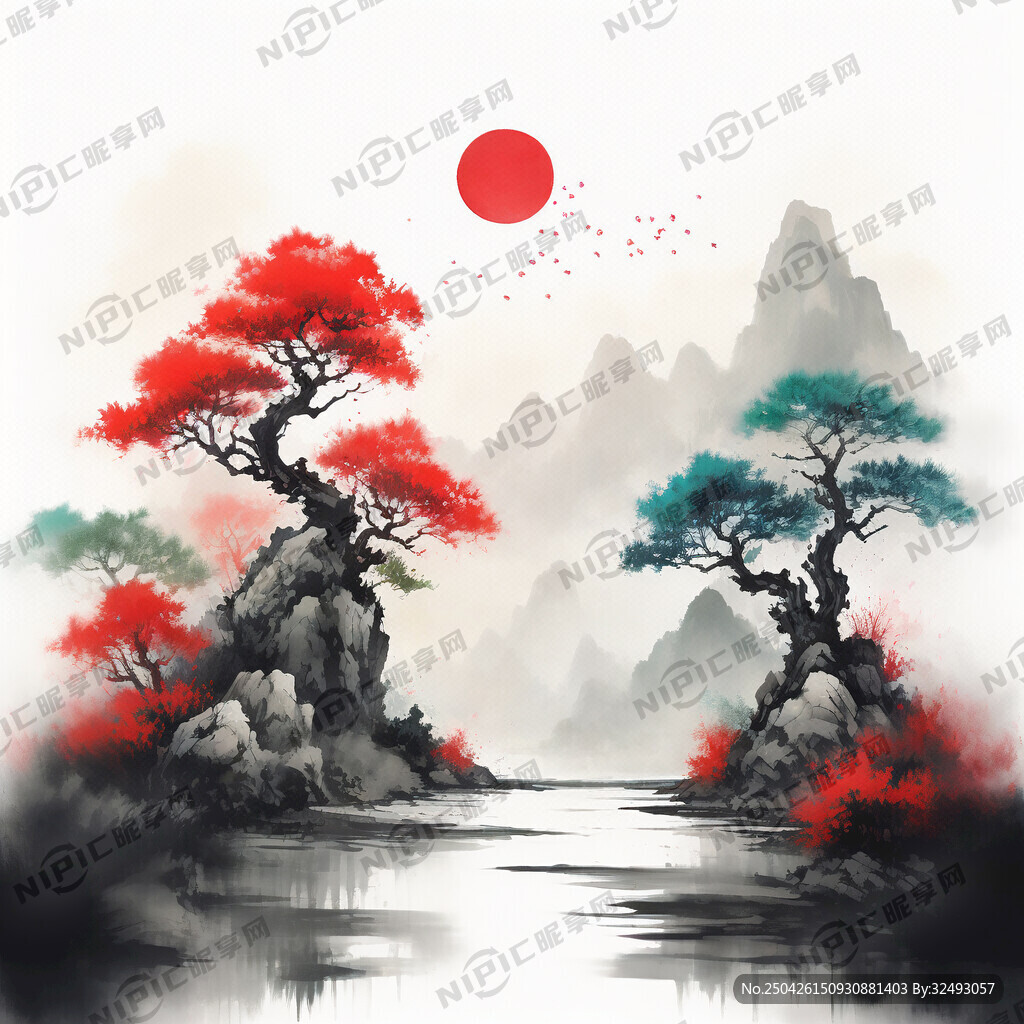 国风杨梅底图有山有云有草鲜艳一
