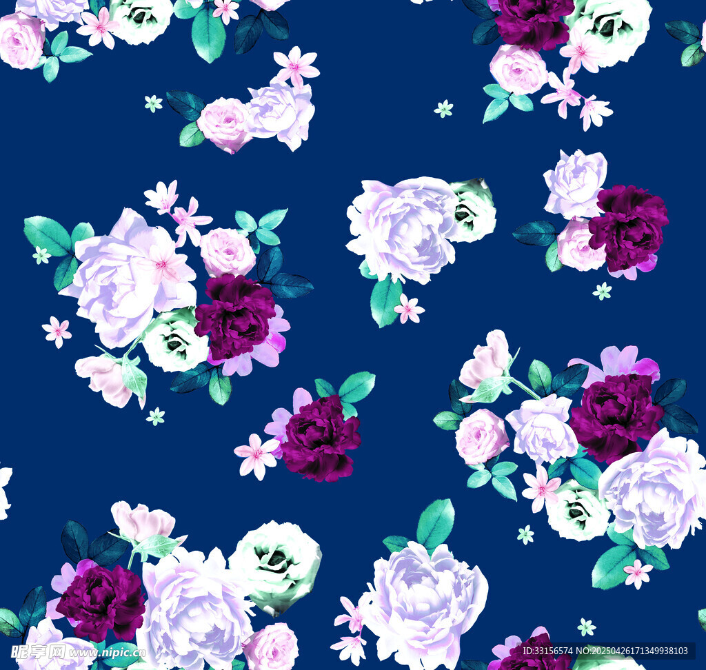 深蓝底花卉图案印花