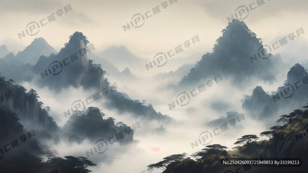 中国水墨画 泰山全景图 南天门