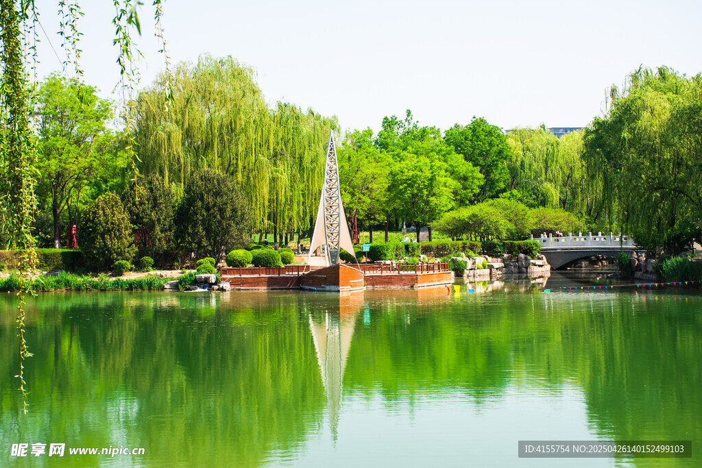 湖畔帆船映绿树美景