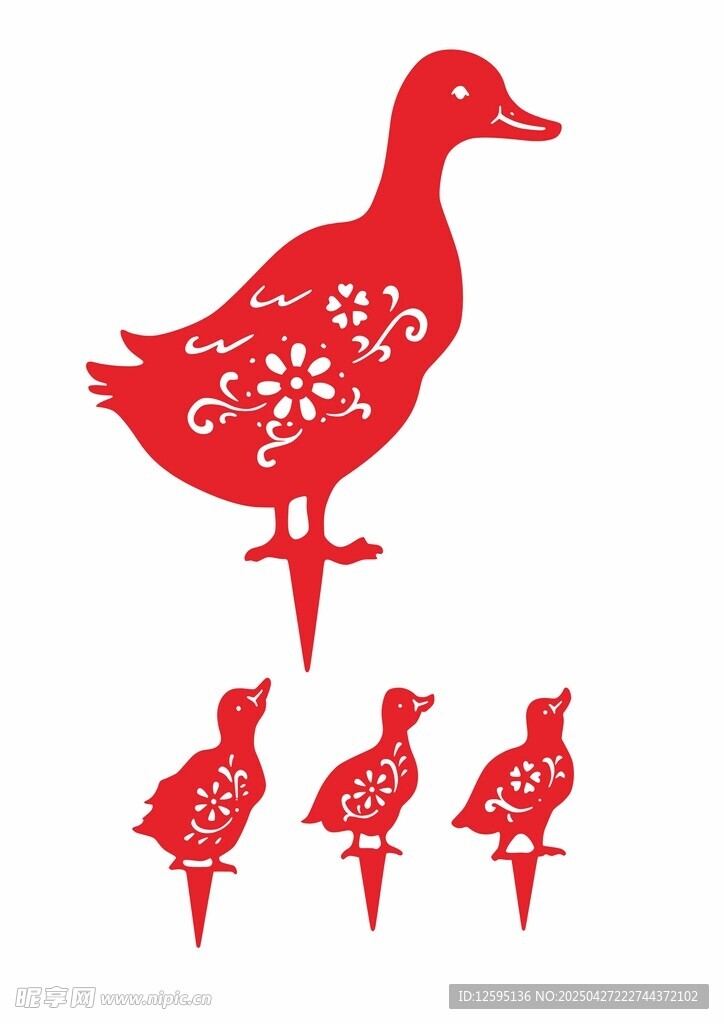 红色剪纸风鸭子与小鸭