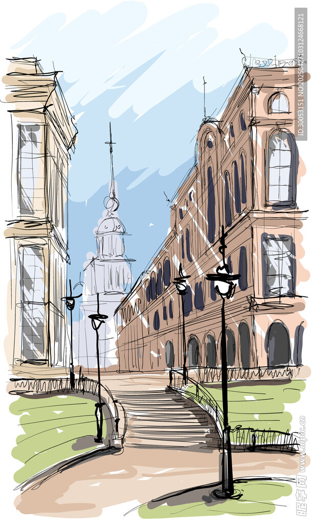 欧式街道建筑手绘景观