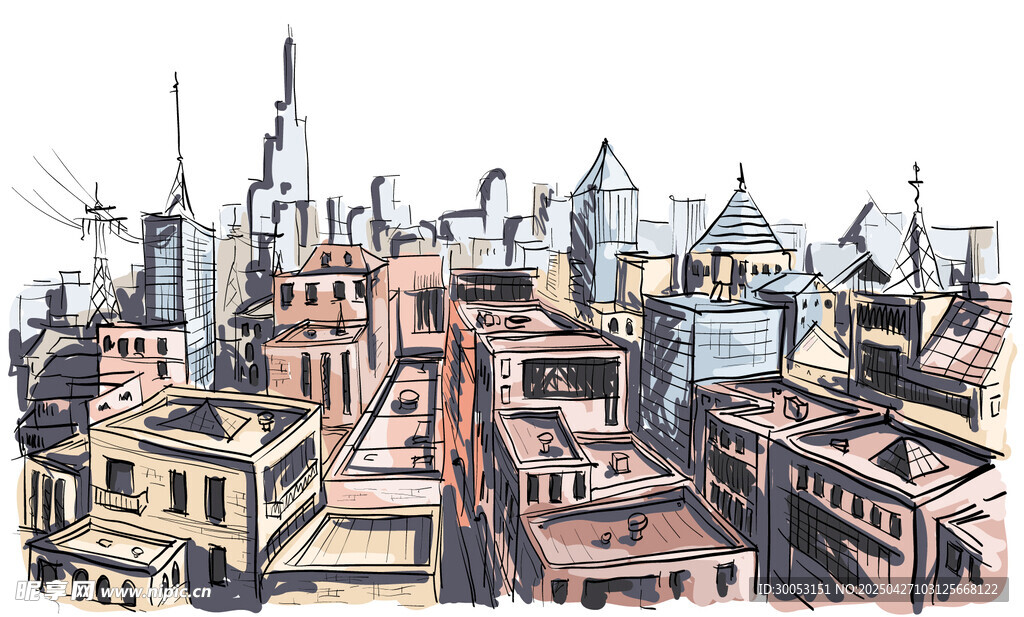 手绘风格的城市建筑景观