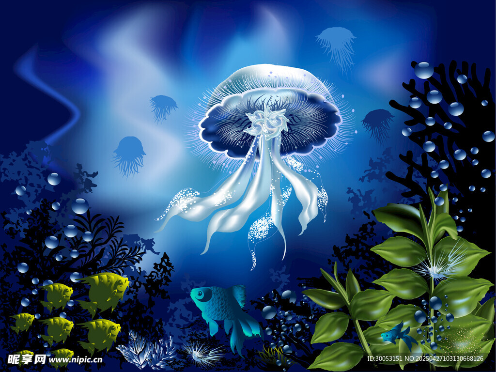梦幻深海中的发光水母