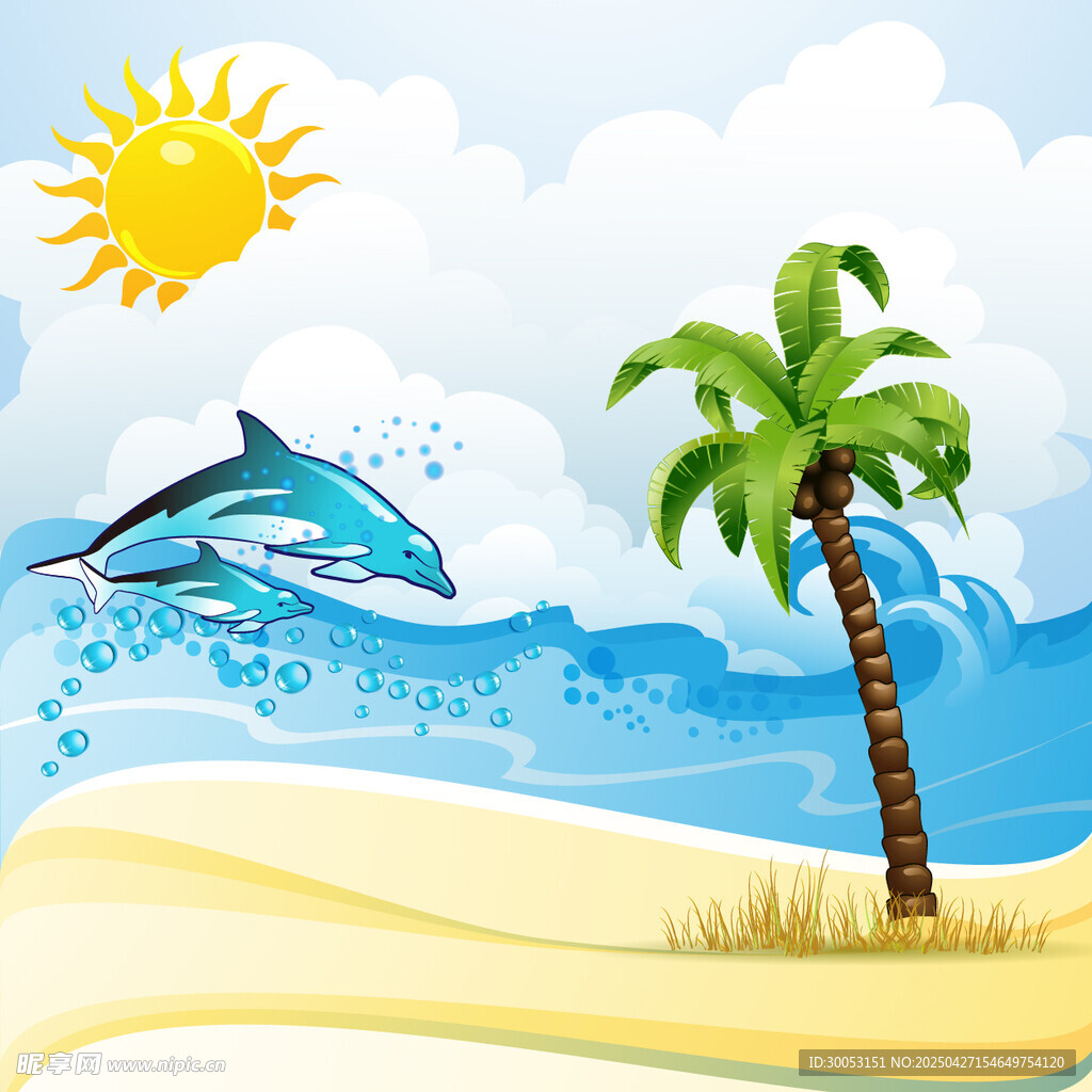 夏日海滩海豚与棕榈树