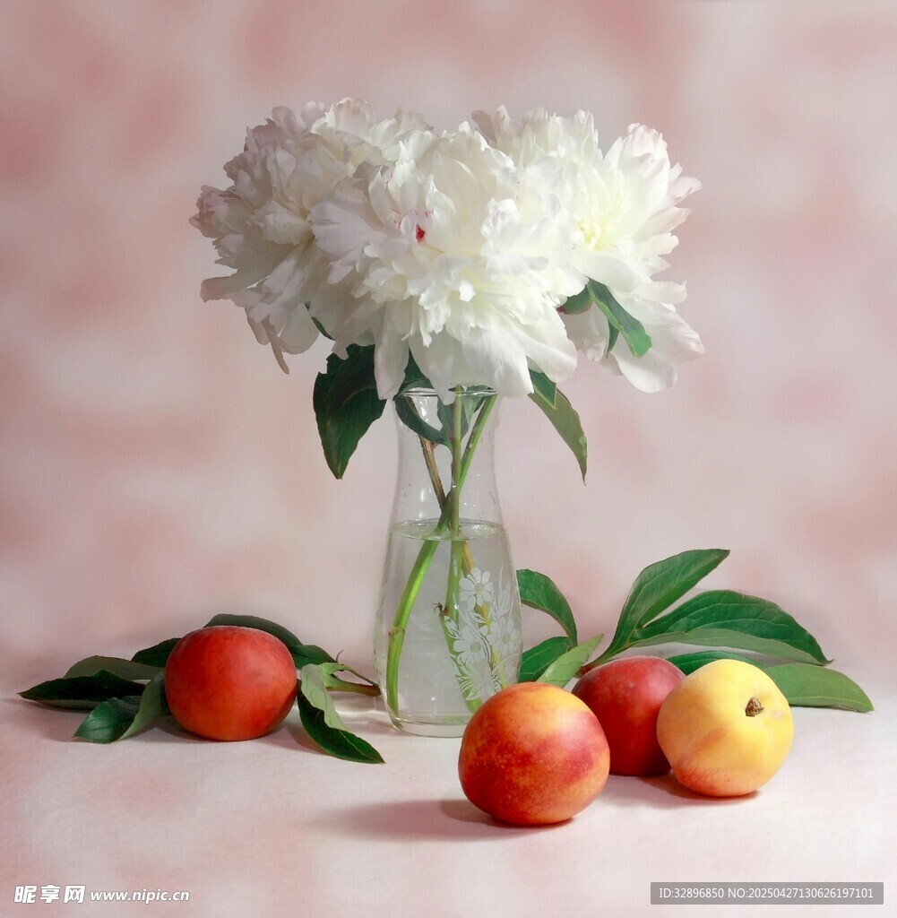 花瓶中白花配鲜果静物图