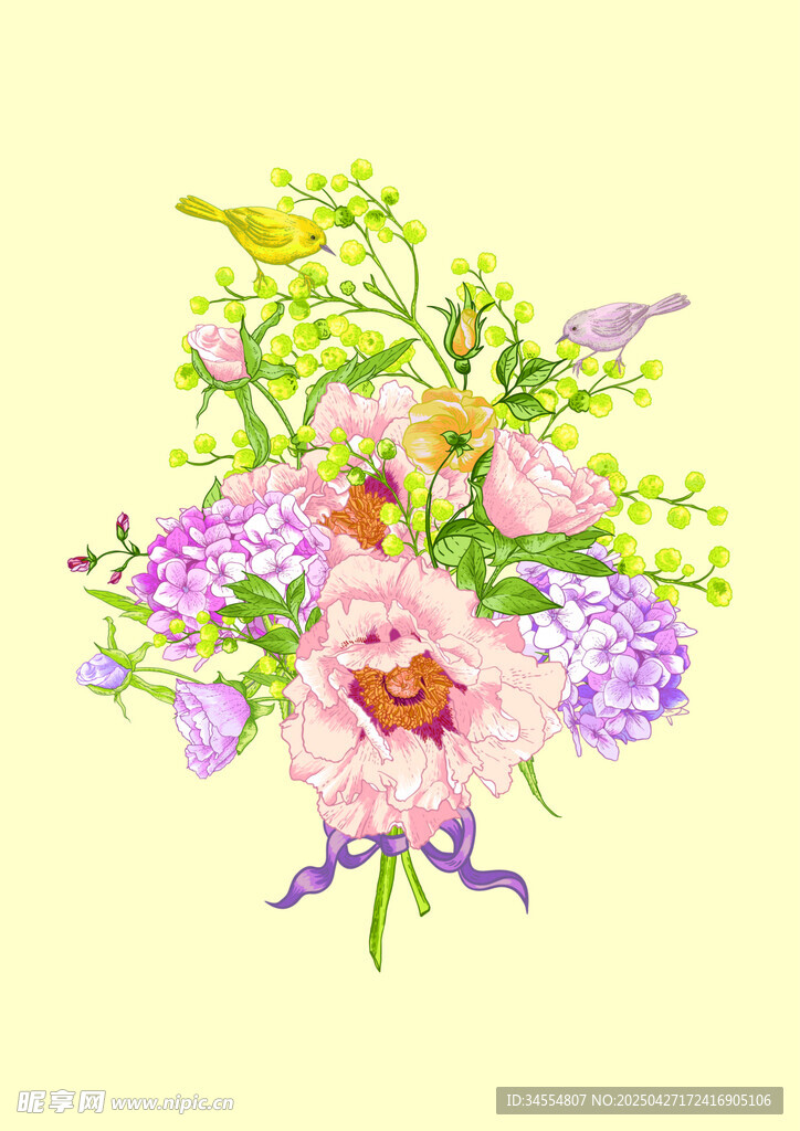 手绘多彩花卉组合