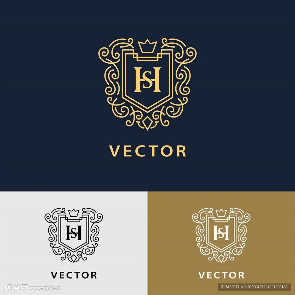 金色盾牌字母H标志设计
