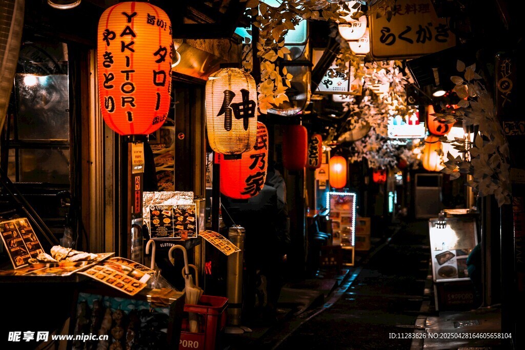 日式街头夜景灯笼闪烁