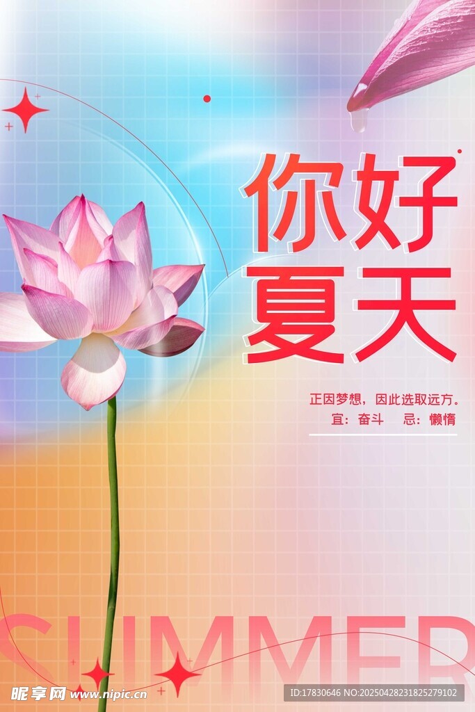 你好夏天荷花主题插画