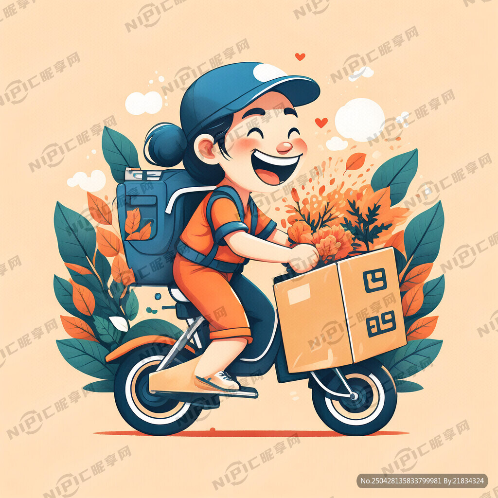 左侧快递员微笑递送包裹的插画体