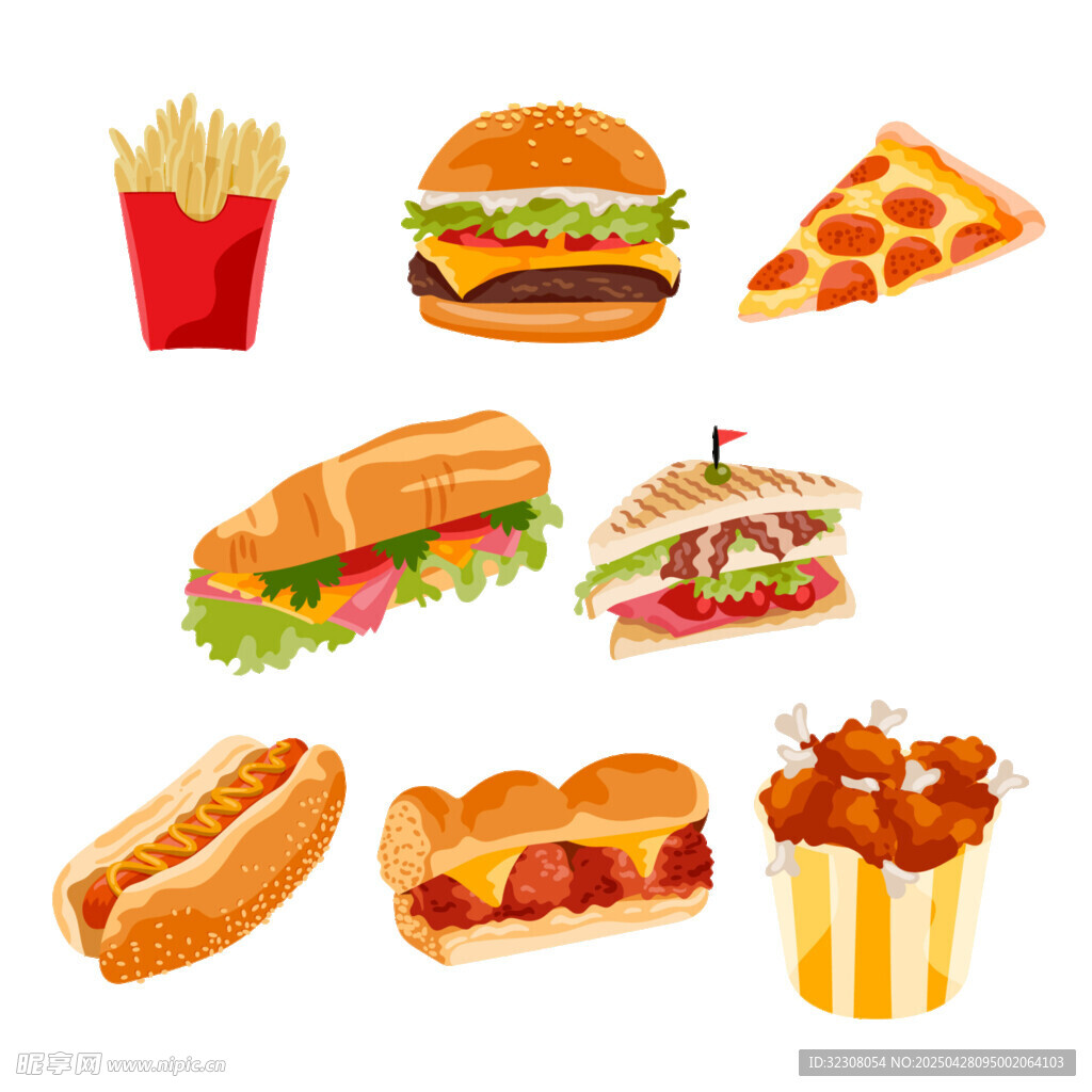 多样美味快餐食品集合