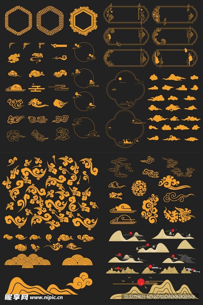 回字纹矢量云线条矢量山