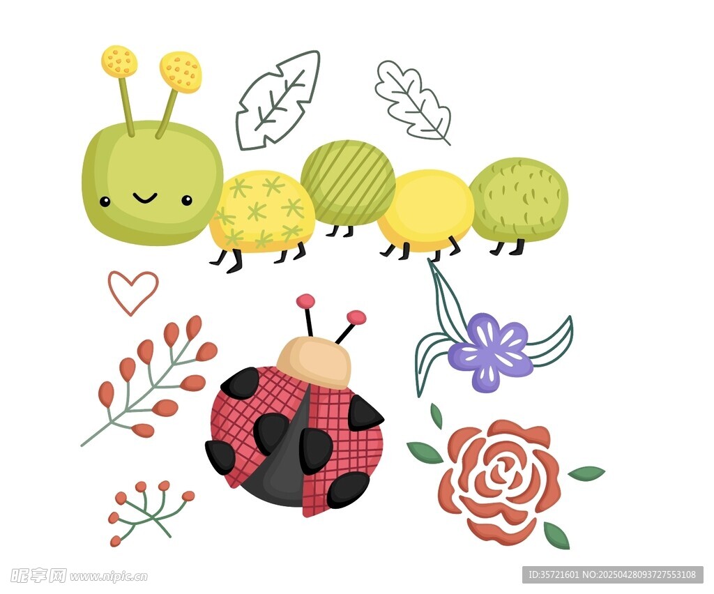 可爱昆虫花卉插画图案