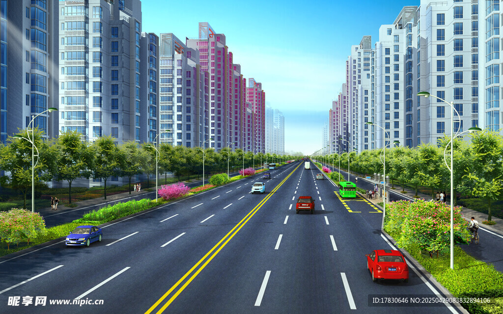 城市宽阔道路两旁高楼林立