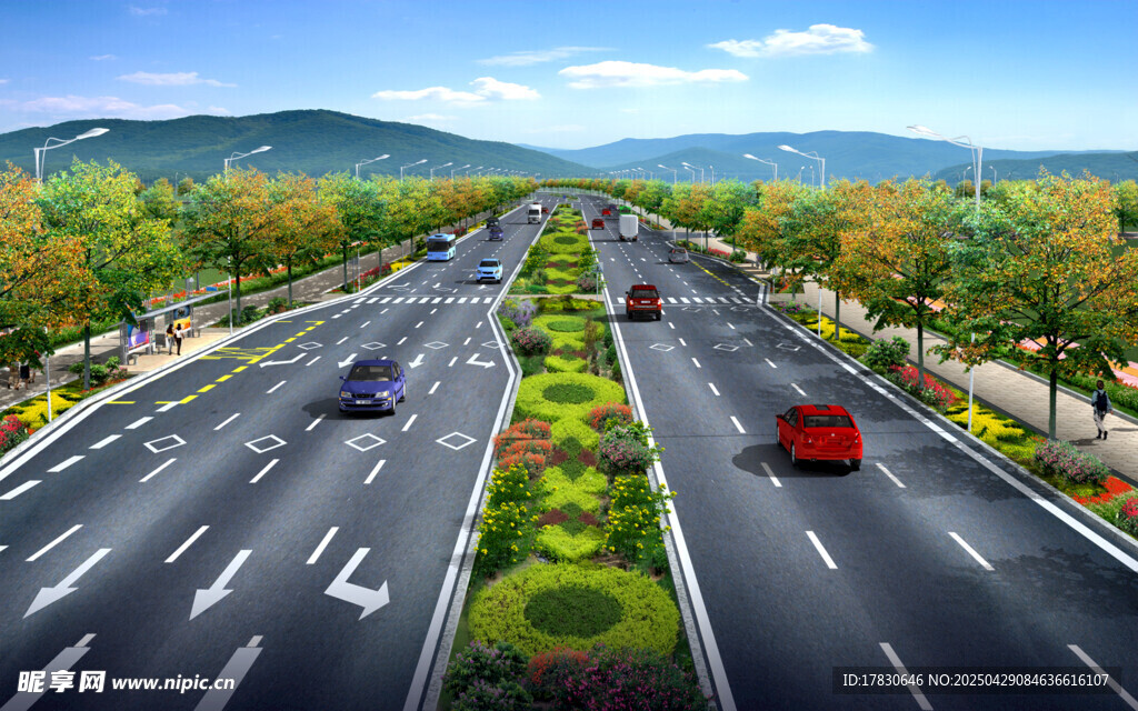 宽阔公路两旁绿意盎然