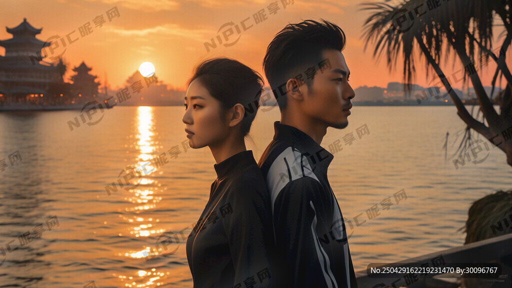 抚仙湖边 一男一女看日落