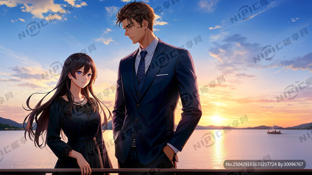 抚仙湖边 一男一女看日落
