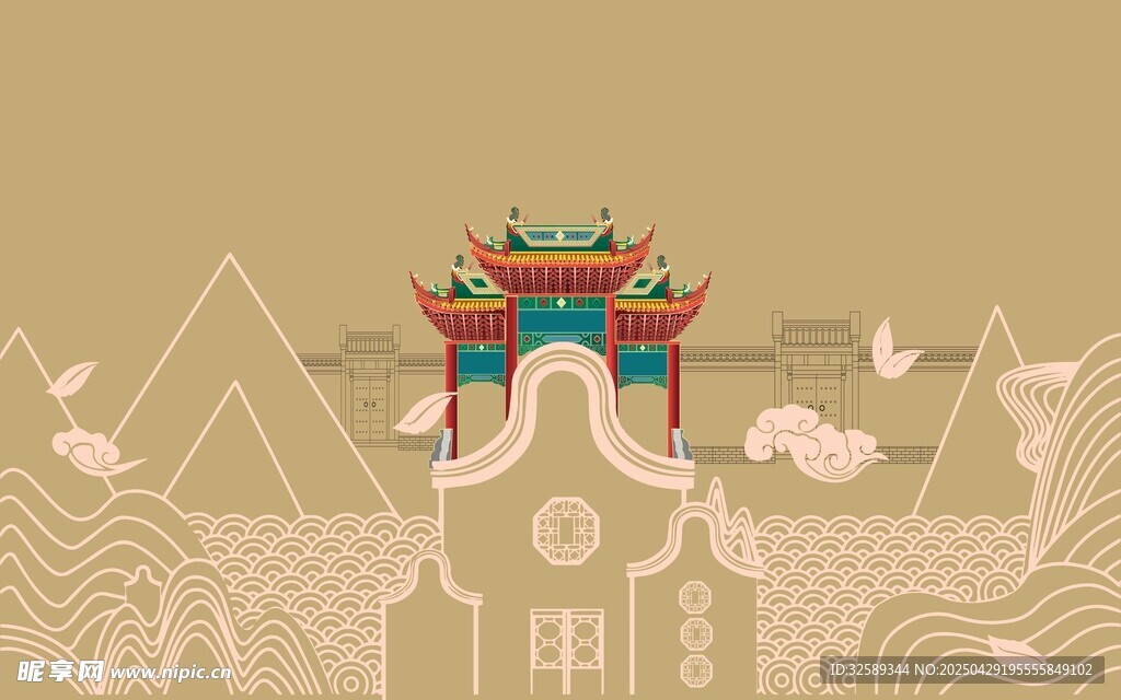 中式古风建筑风景插画