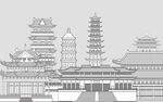 中式古建筑群线条艺术图背景