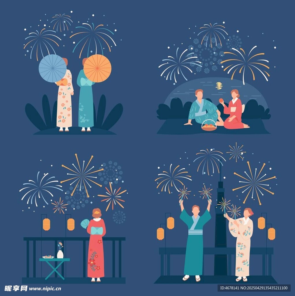 节日烟花下的欢乐人群