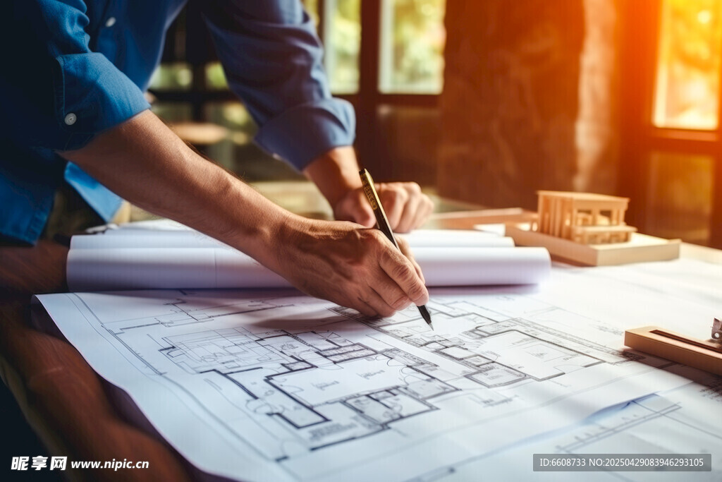 建筑师专注绘制建筑图纸