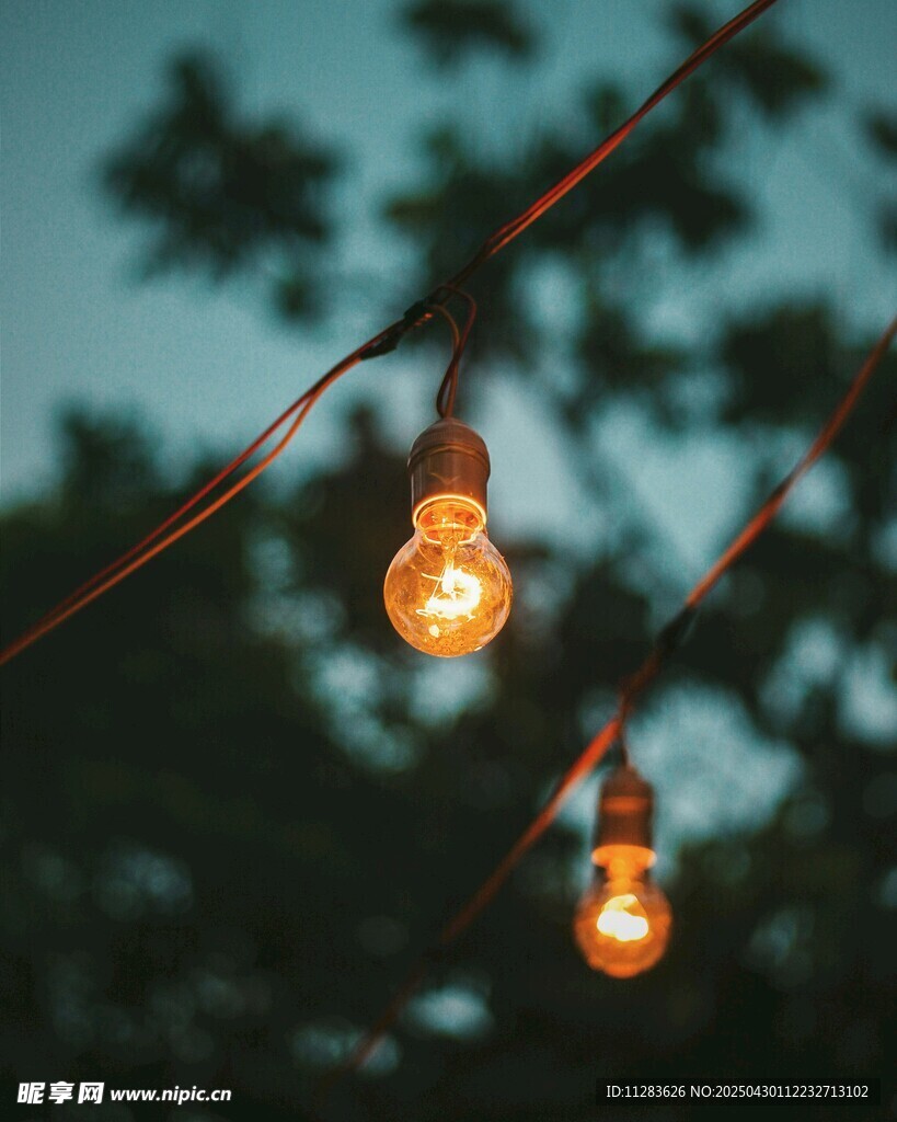 夜幕下发光的复古灯泡