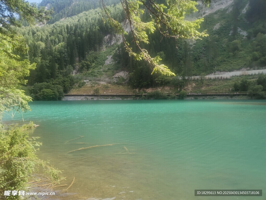 碧绿湖水与葱郁山林美景