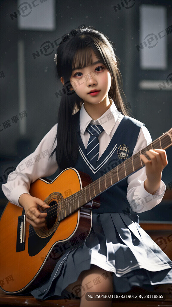 学院风 少女 学生制服 弹吉他