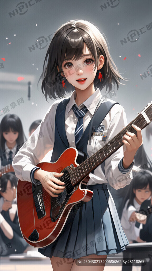 学院风 少女 学生制服 弹吉他