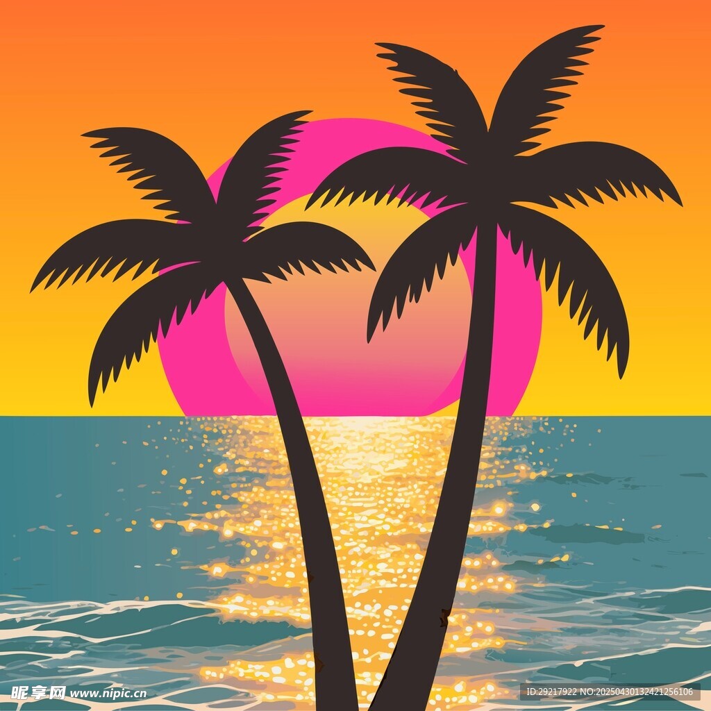 海边双椰树日落美景