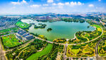 城市湖畔美丽风光全景