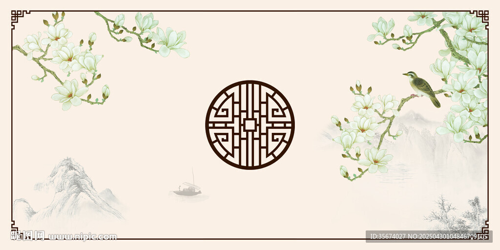 中式古典花鸟窗棂背景图