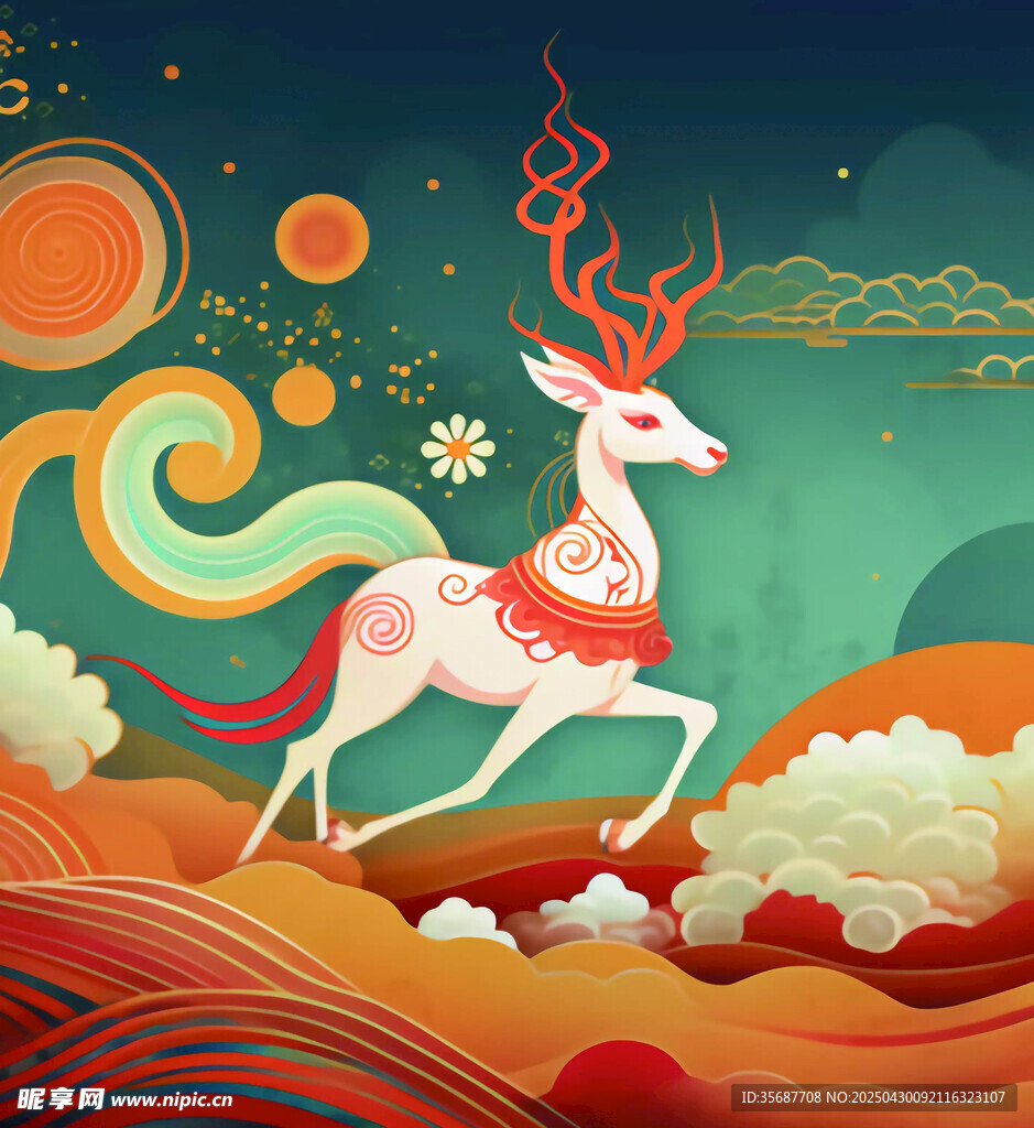 梦幻祥瑞白鹿在云海中奔腾